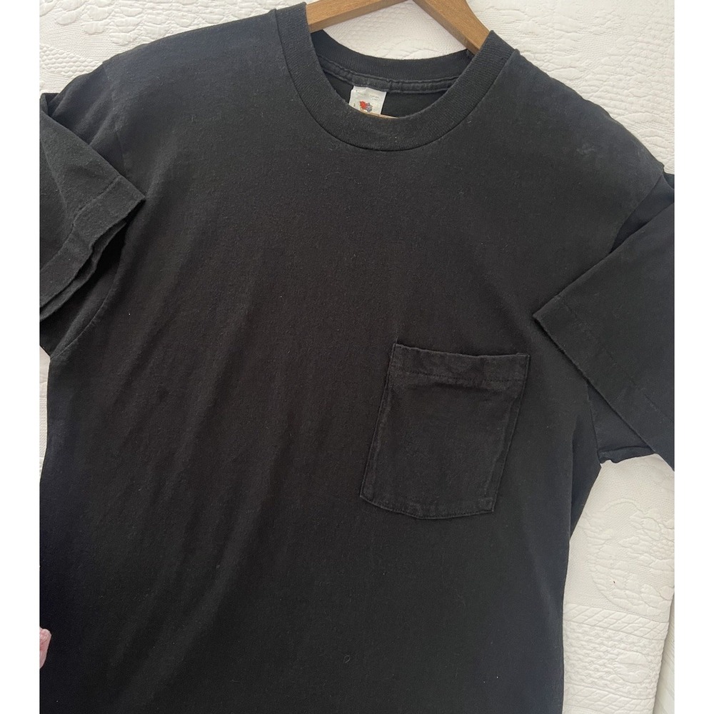VTG L 80s Fruit of the Loom SELVEDGE Pocket T Shirt Black Blank Single Stitch